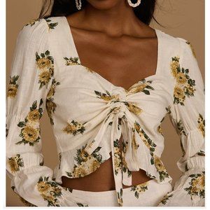 Lulus Spring On By Ivory Floral Print Ruched Long Sleeve Top